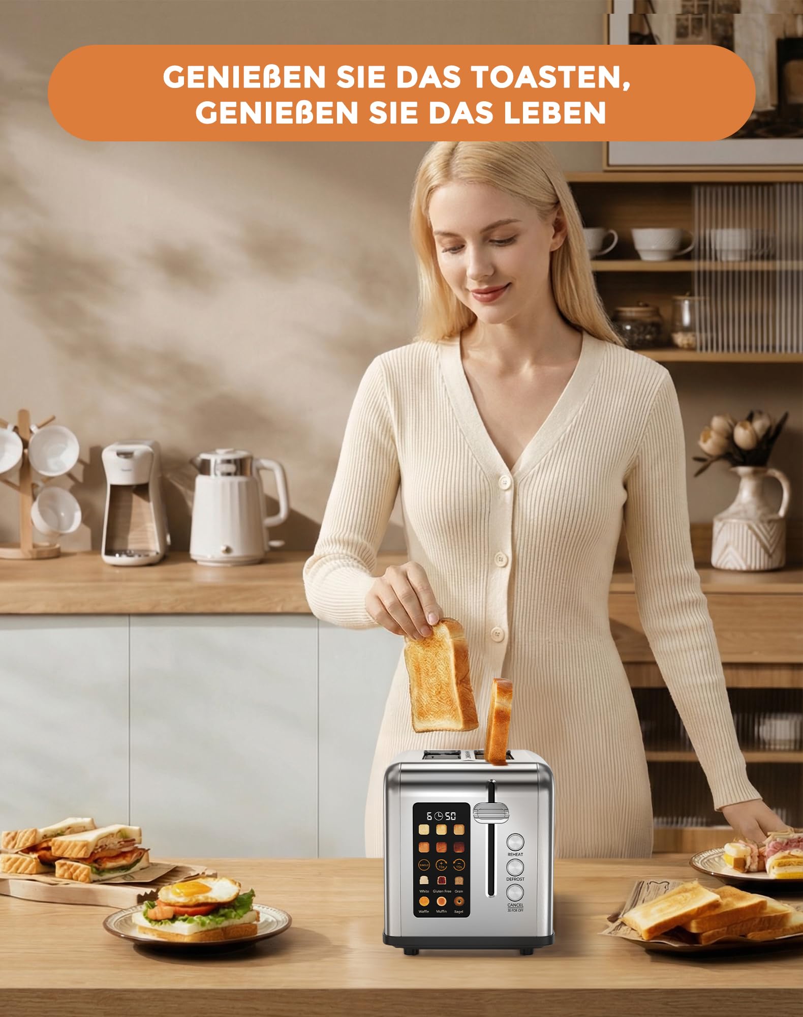 Toaster 2 Scheiben, LED-Touchscreen, Edelstahl Langschlitztoaster, 6 Bräunungsstufen, 6 Brotprogramme, Auftau-, Aufwärm- & Stoppfunktion, 880W (2 Scheiben)