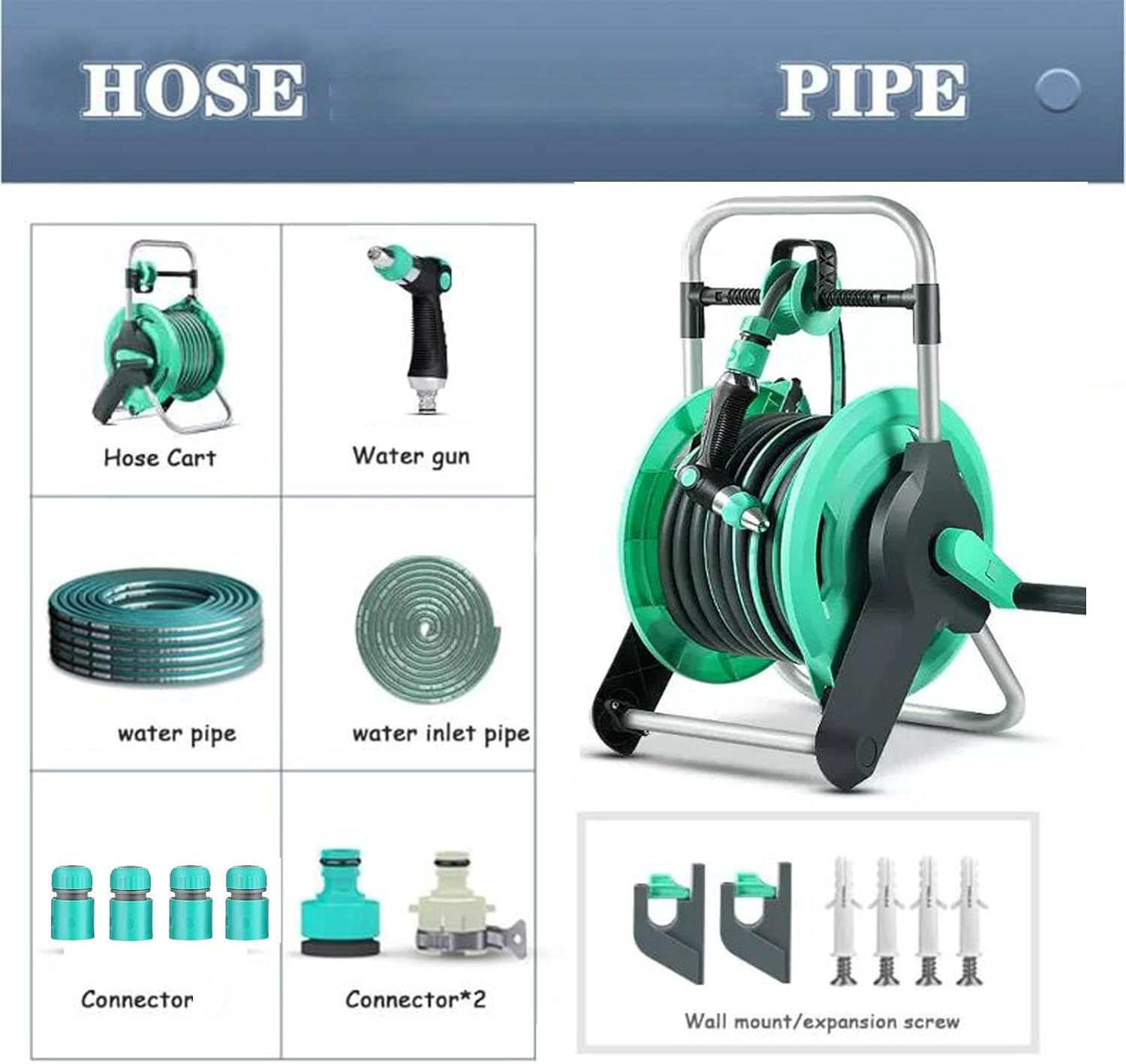 Garden Hose Cart, Portable Hose Reel Storage, Outdoor Car Cleaning, Bathing, Pet Handle, Water Pipe Bracket Cart (Green 15m)