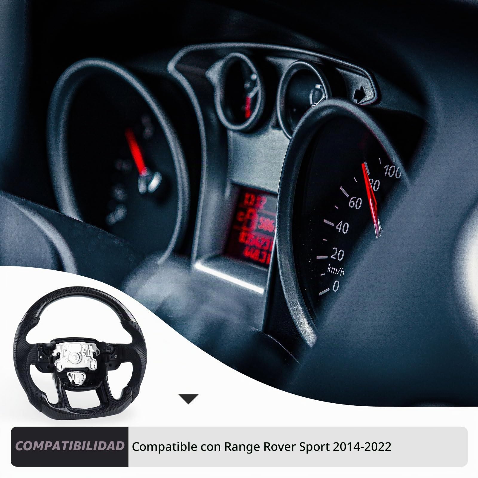Volante de fibra de carbono y cuero en forma de D, personalizado con base plana y mango de cuero perforado para Range Rover Sport 2014-2022