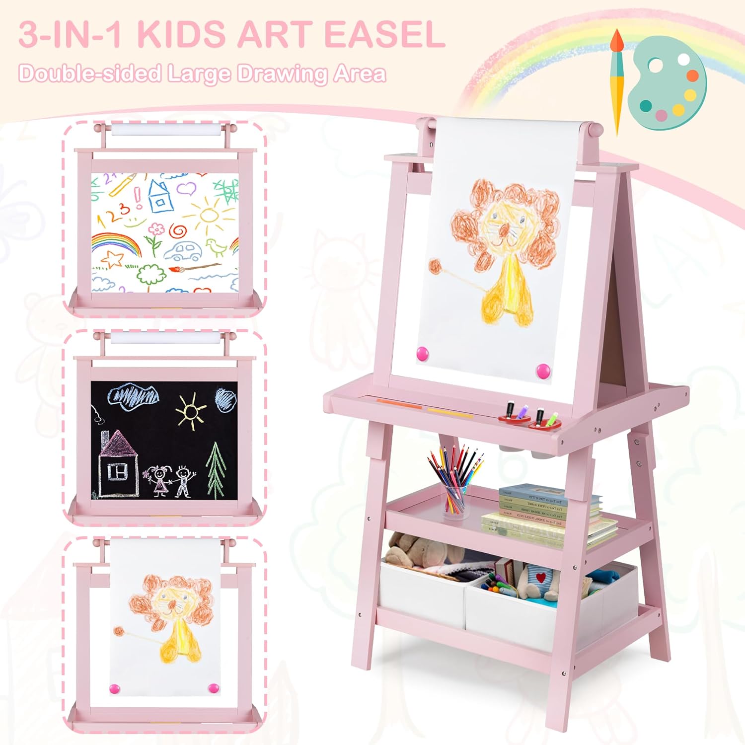 TODEFULL Art Easel for Kids, 3 in 1 Wooden Toddler Easel w/Magnetic Whiteboard, Chalkboard & Paper Roll, Standing Painting Easel with Shelves & 2 Storage Bins, for Boys Girls, Pink