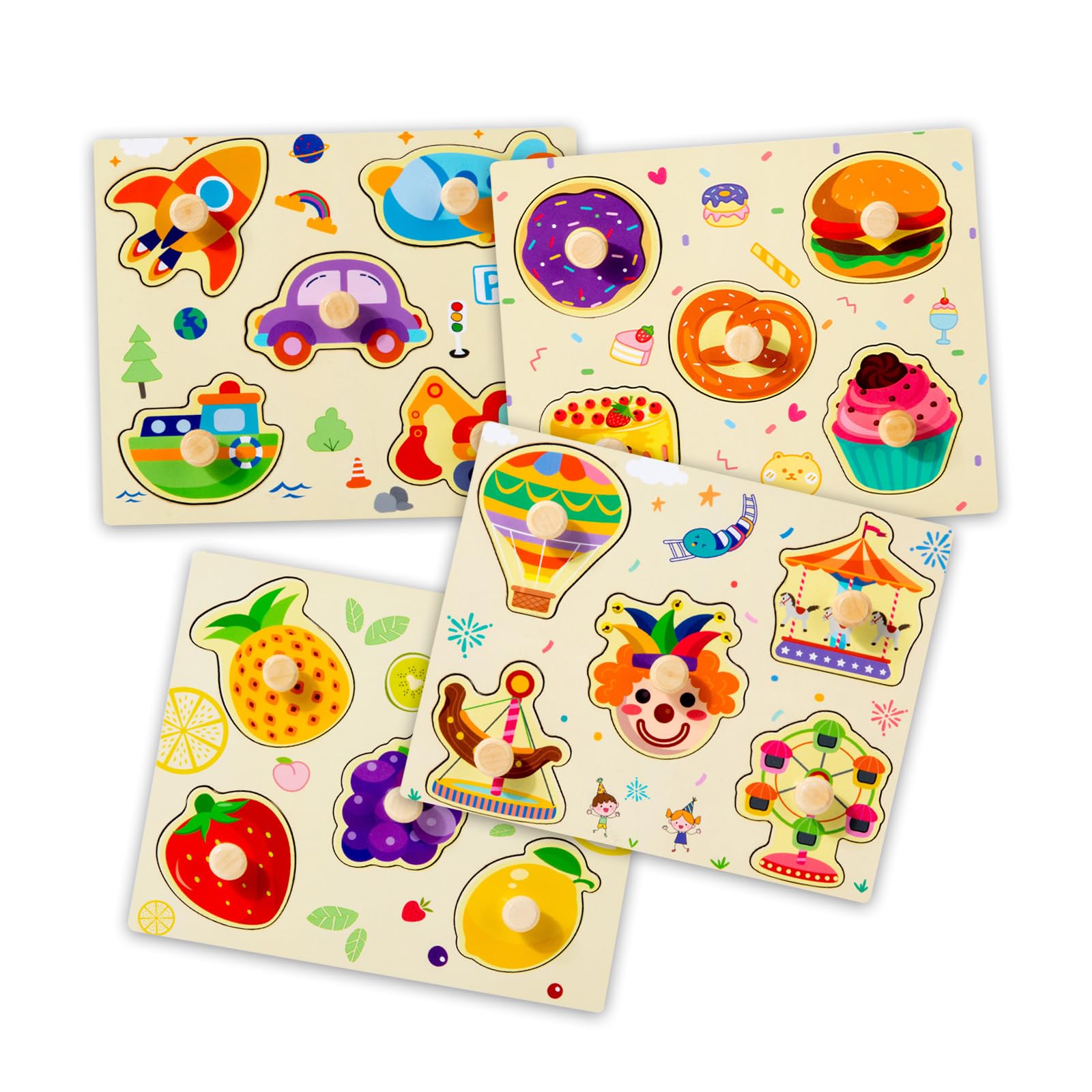Wooden Puzzles for Toddlers, 4 Theme Jumbo Knob Wooden Matching Jigsaw with Handles, Montessori Preschool Educational Peg Puzzle Set Toys for Boy Girl Gift — image 1