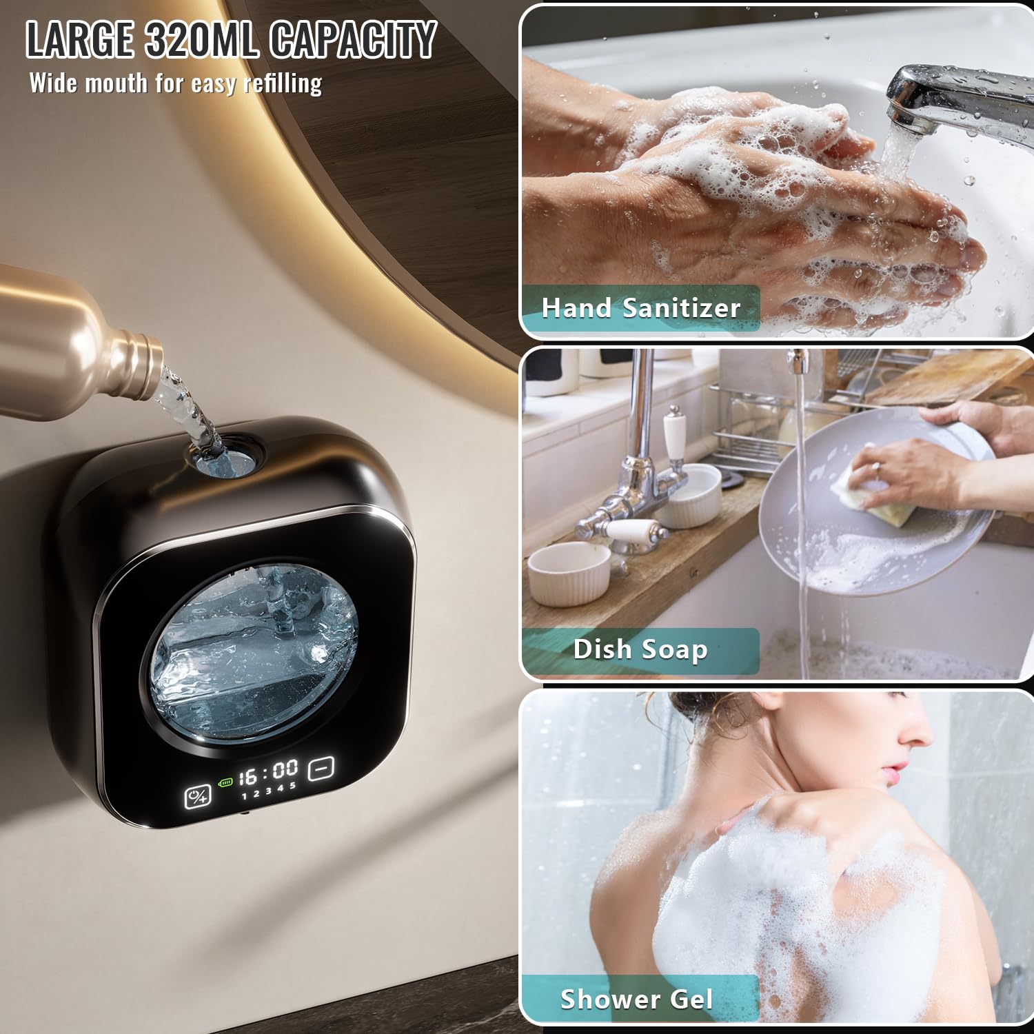 Automatico Dispensador Jabon Baño,320ml Dosificador de Jabón Líquido para Pared, Jabonera Cocina Dosificador Carga USB con Sensor Dispensador Jabon Cocina, Apto para Cocina, Baño, Hotel