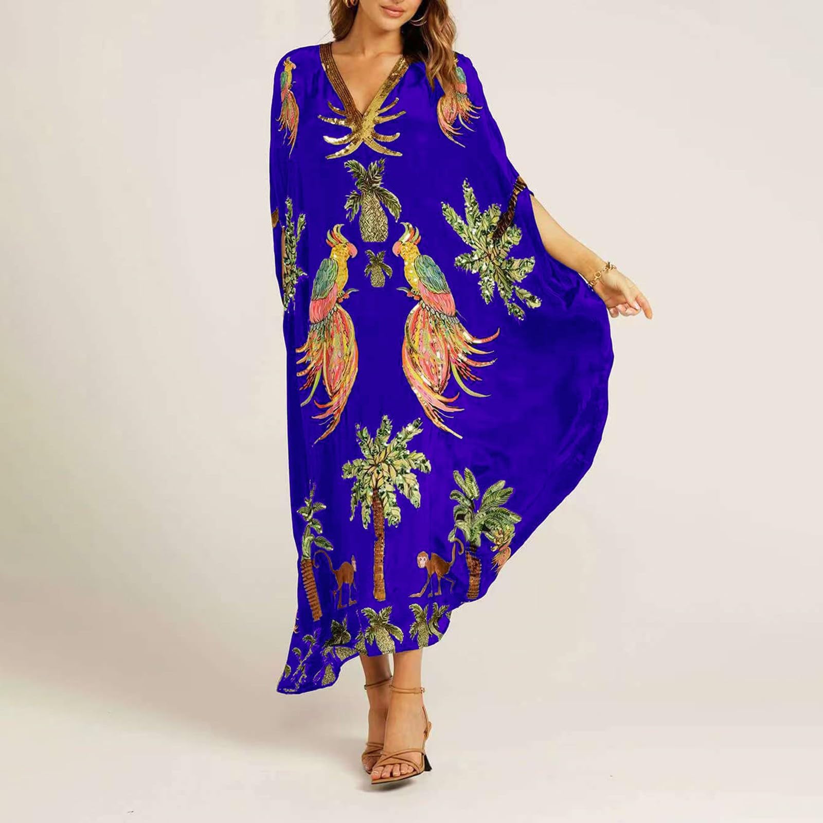 Abito estivo da donna, leggero e arioso, lungo, elegante, da spiaggia, estivo, con scollo a V, con stampa hawaiana, taglie forti, per il tempo libero, vintage, per le vacanze