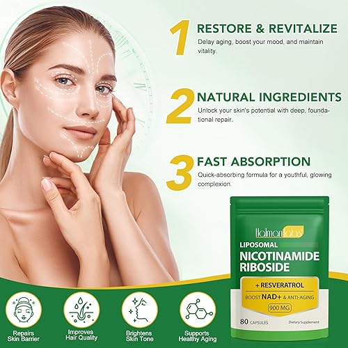 Miniatura 5 de Suplemento NAD  Ribosida de nicotinamida liposomal 900 mg, resveratrol, quercetina  Suplemento NAD de alta pureza para energía, apoyo a la salud