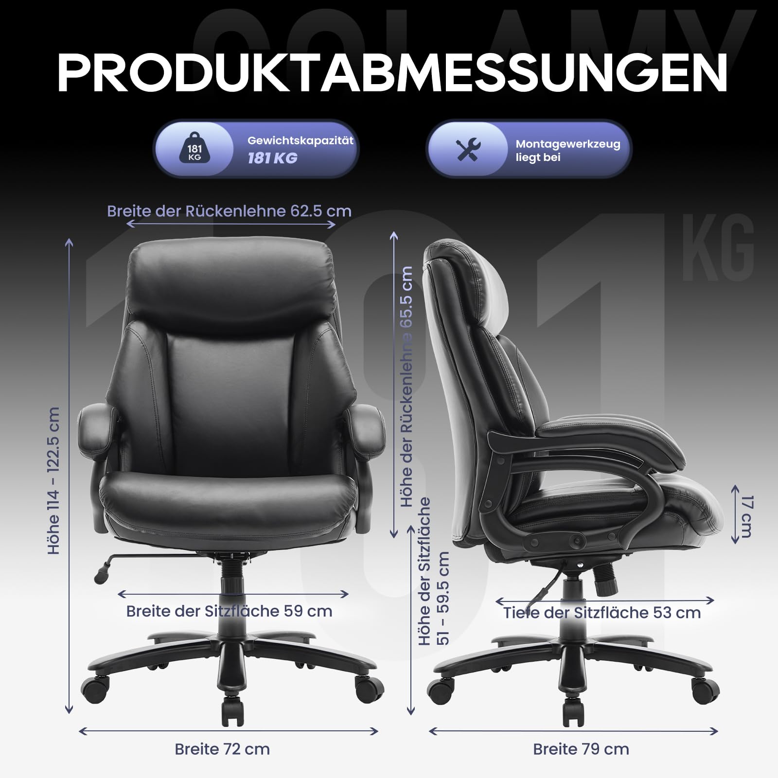 COLAMY XXL Chefsessel[181kgs] - Hochlehner Bürostuhl Leder mit verstellbaren Armlehnen - Extra breiter Sitz (59cm) für Homeoffice und Büro, Schwarz
