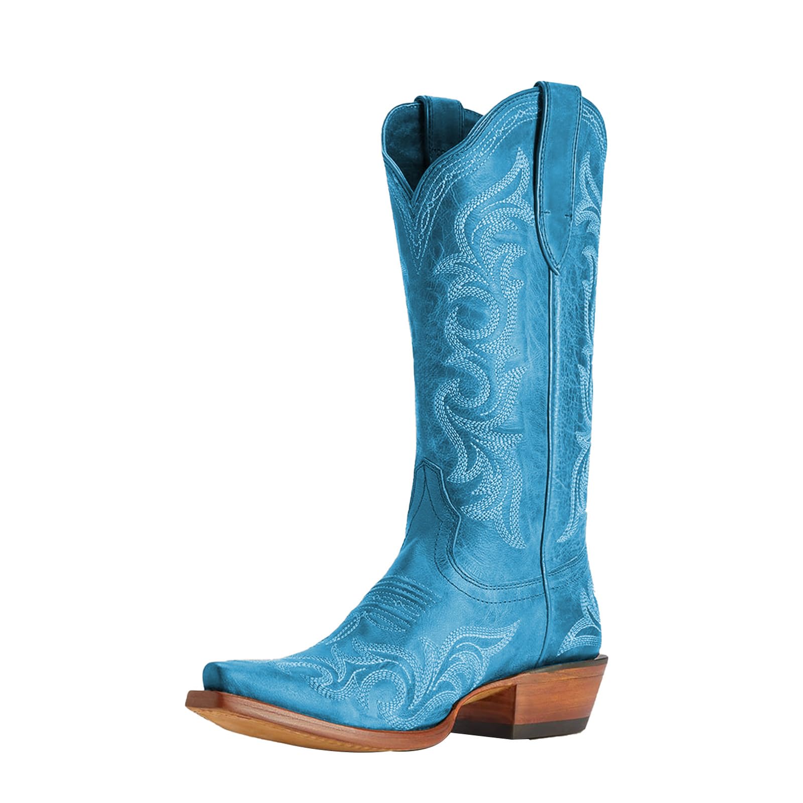 Womens Pointed Toe Chunky Heel Western Cowboy Boots Pull - On Style with and Traditional Embroidery Dressy Mid-Calf