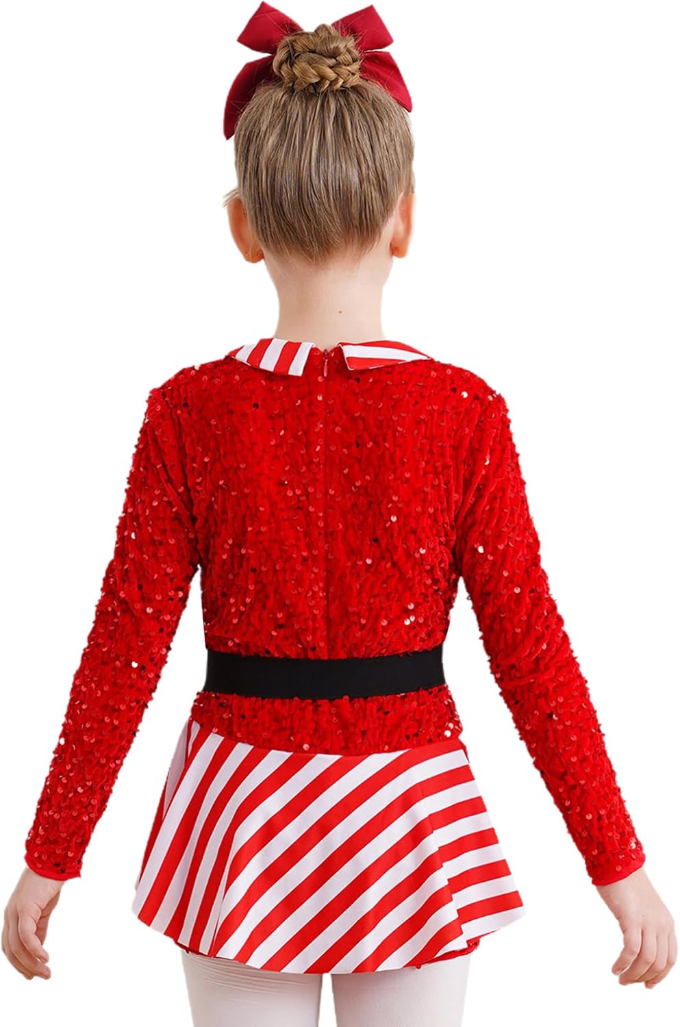 Choomomo Sparkly Gymnastics Unitard for Girls Lapel Long Sleeve Sequins Striped Candy Cane Bodysuit