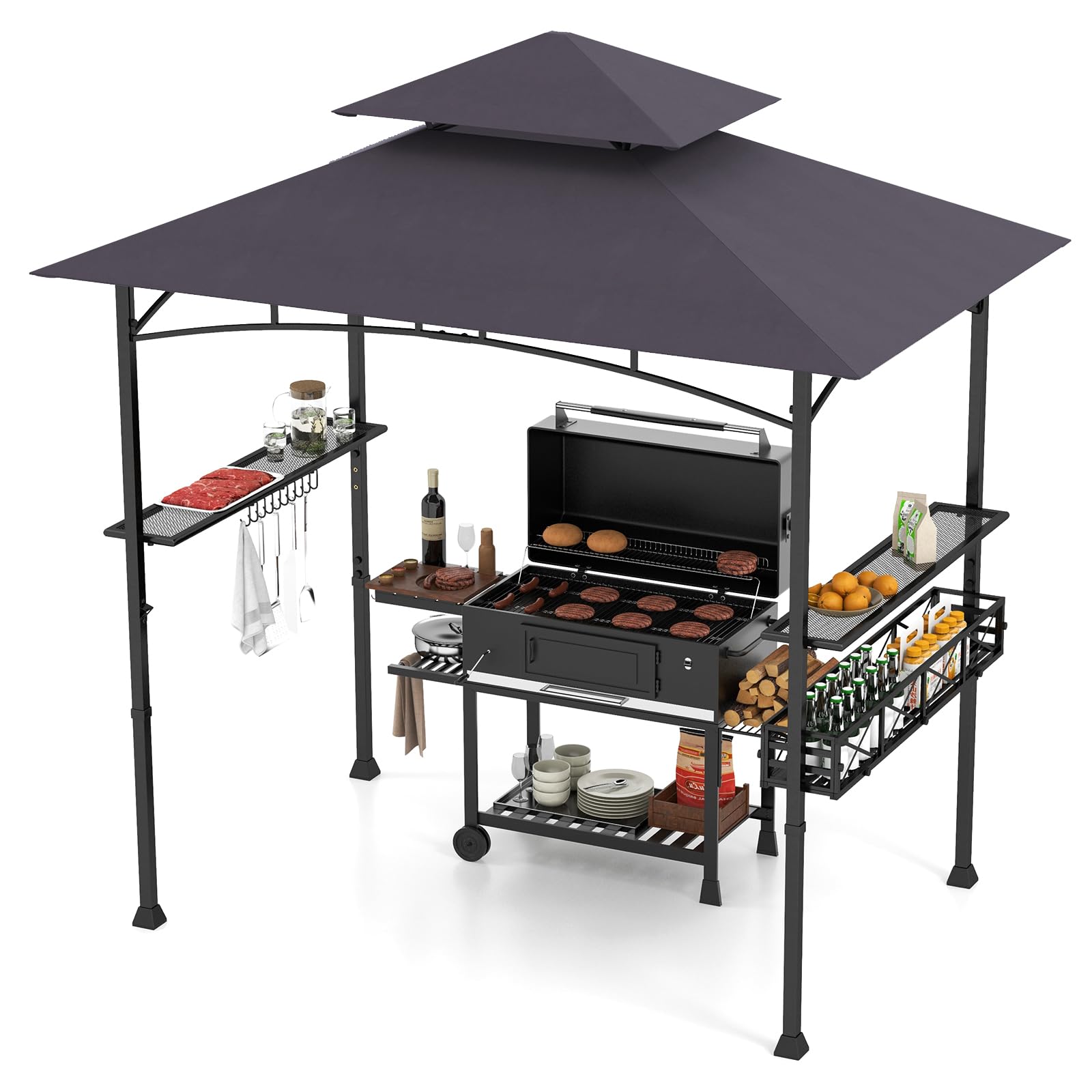 HOMASIS Gazebo per Barbecue con Tettoia Laterale, Pergolato da Giardino con Doppio Tetto, 2 Tavoli e Ganci, Pergola Addossata per Esterno, Gazebo per griglia/BBQ (Grigio Scuro, 242 x 153 x 250 cm)