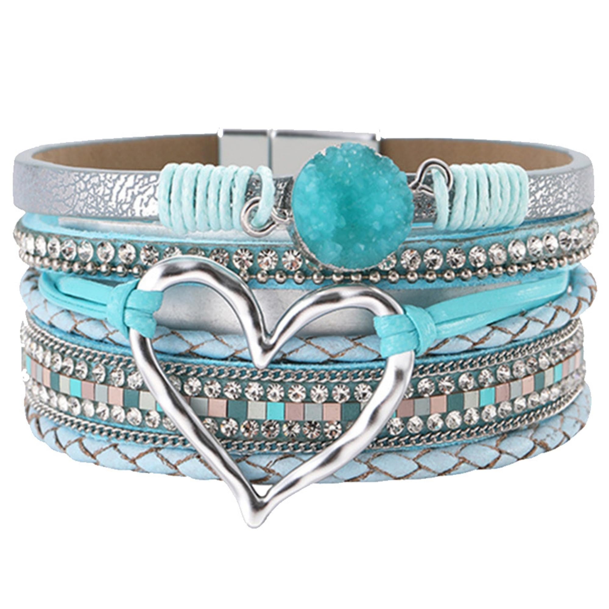 GEHNEY Womens Multilayer Heart Charm Bracelet with Crystals & Beads – Fashion Boho Leather Wrap Bangle, Adjustable Magnetic Clasp, Jewelry for Girls & Women | Anti Tarnish Jewellery (Blue) (B0D1MZWNNL) Amazon Price History, Amazon Price Tracker