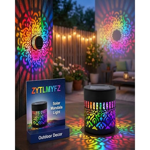 Solar Mandala Lights Outdoor Wall Powered Projector Light Decorative Projection Color Changing Seven-Color Ambient Glow Metal Hollow Iron Waterproof Garden Fence Patio Yard Mounted(1pc)