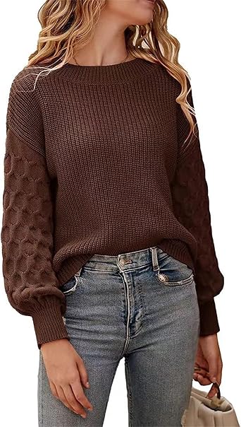Womens 2023 Trendy Sweaters Long Lantern Sleeve Crewneck Pullover Cable Knitted Casual Sweatshirt Loose Solid Tops