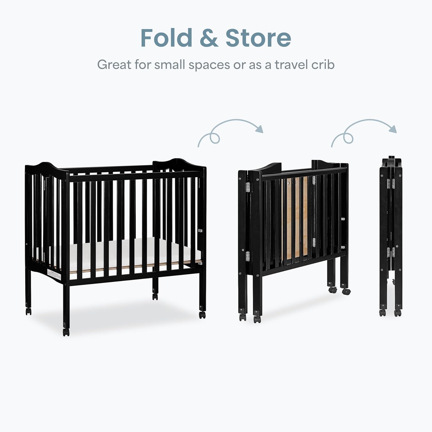 Dream On Me 2-In-1 Lightweight Folding Portable Stationary Side Crib In Black, Greenguard Gold Certified, Baby Crib To Playpen, Folds Flat For Storage, Locking Wheels