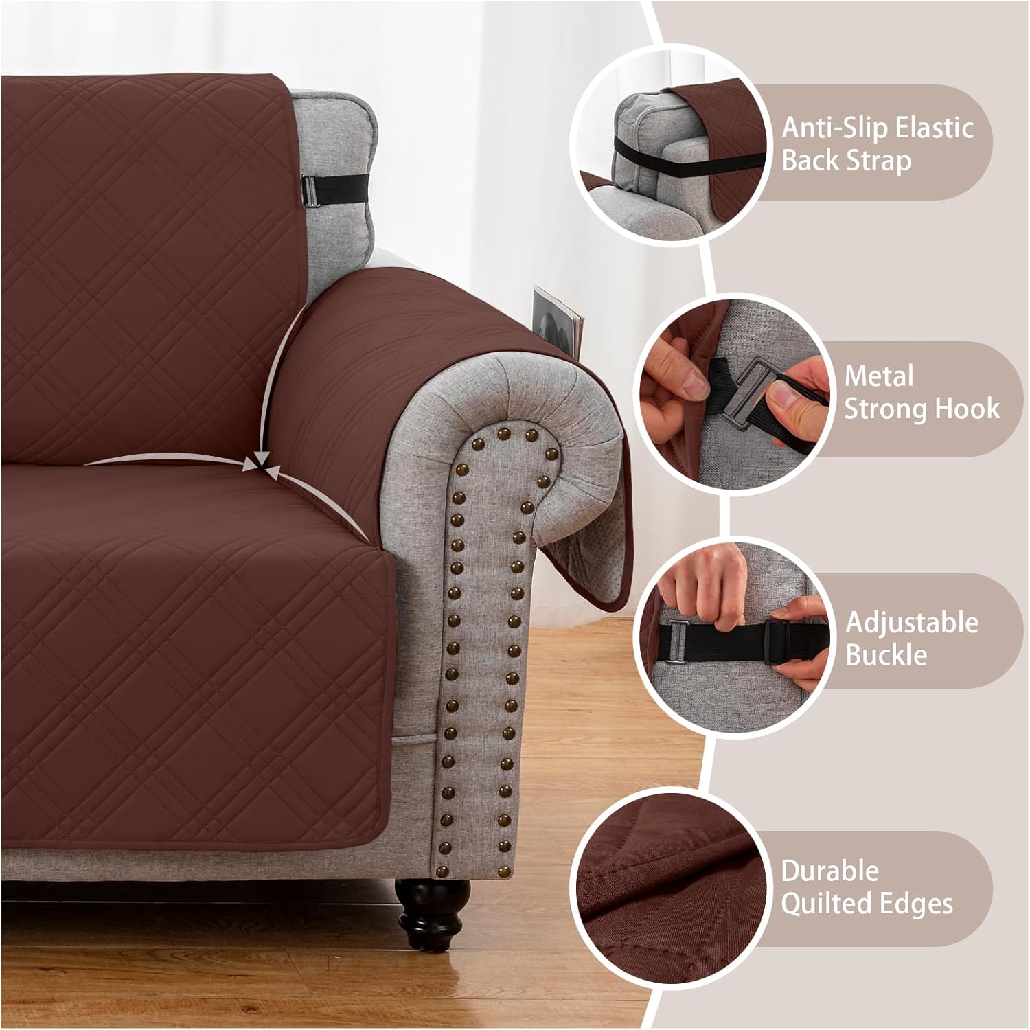 100% Waterproof Couch Cover for Dogs, Washable Anti-Slip Sofa Cover with Elastic Straps & Side Pockets, Quilted Furniture Protector for Kids & Pets (Oversize Sofa 78", Coffee)