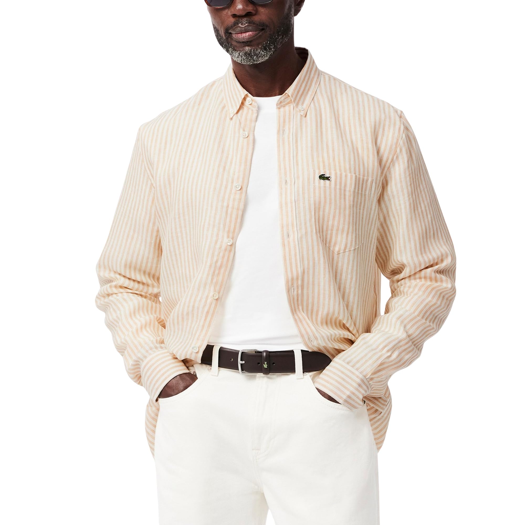 Lacoste Long Sleeve Regular Fit Linen Casual Button Down Shirt W/Front Pocket Camisa Abotonada para Hombre