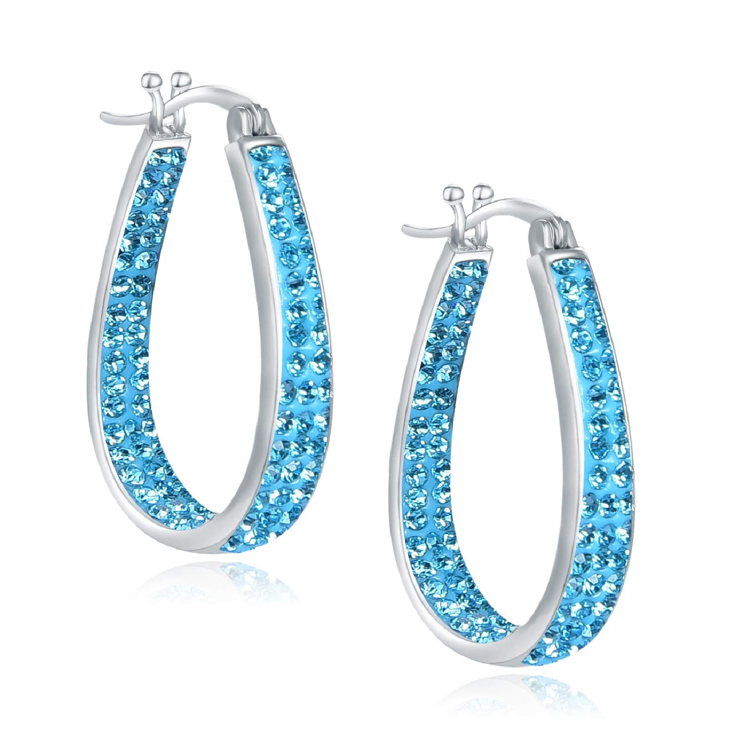 Crystal Hoop Earrings - Silver Plated Inside Out Oval Shape Hoop Earrings for Women, 1.2 Inch