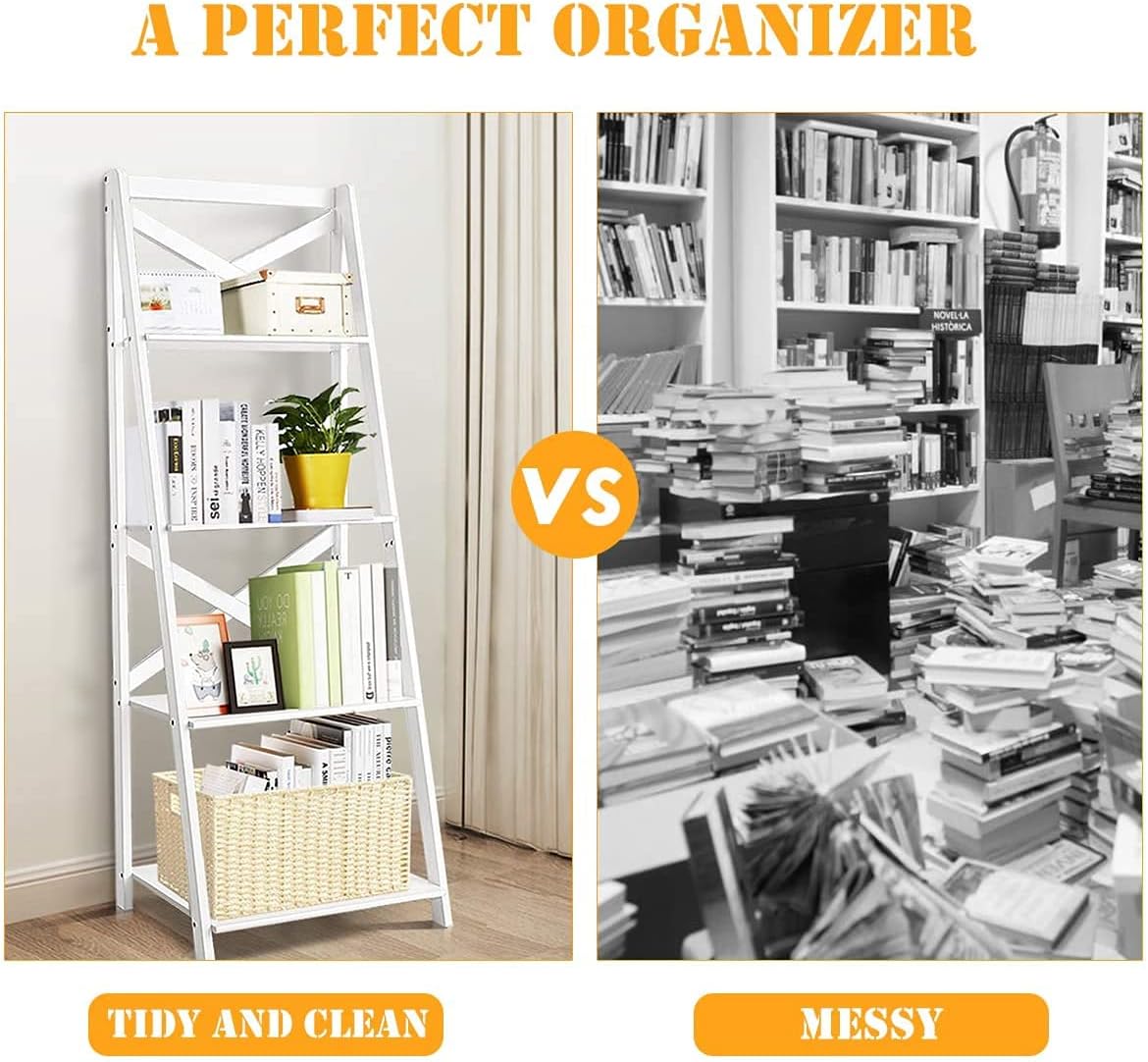 LDAILY LUARANE Modern 4-Tier Ladder Shelf, Wooden Bookshelf with X-Shaped Frame, Free Standing Bookcase with 4 Open Storage Shelves, Organizer Shelf for Living Room Kitchen Office (1, White)