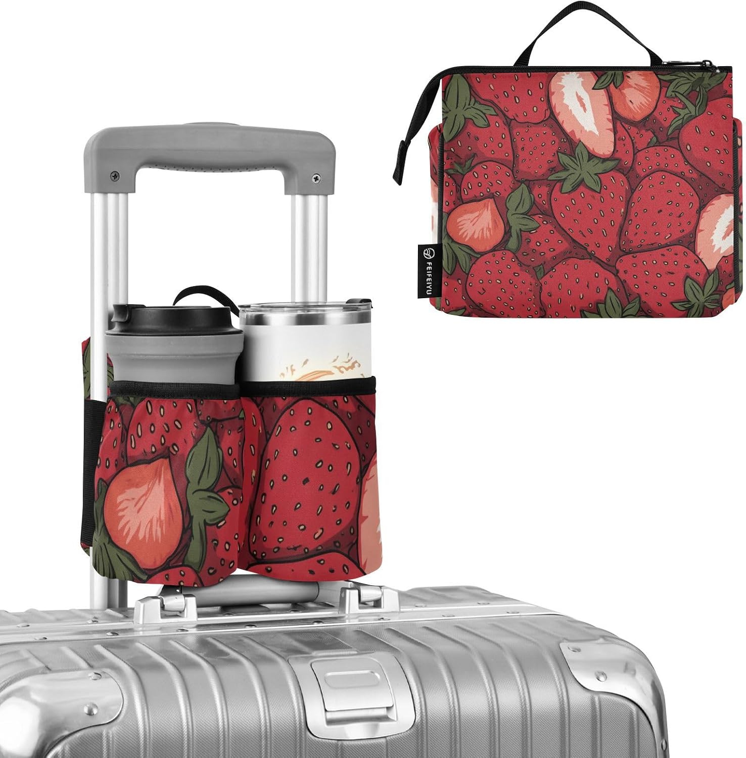 Luggage Cup Holder for Suitcases Free Hands Suitcase Cup Holder Travel Luggage Drink Holder Portable Luggage Cup Caddy Bag Carrier with Handle Cartoon Red Strawberry image 2