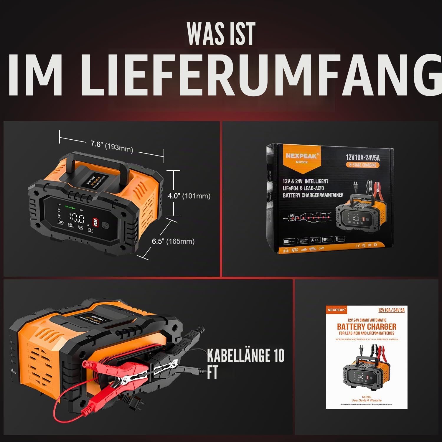 Batterieladegerät 10A, NEXPEAK 12V 24V LiFePO4 Autobatterieladegeräte, Automatischer Maintainer mit Temperaturkompensation für Auto Motorrad LKW, AGM, Gel, Nass, SLA
