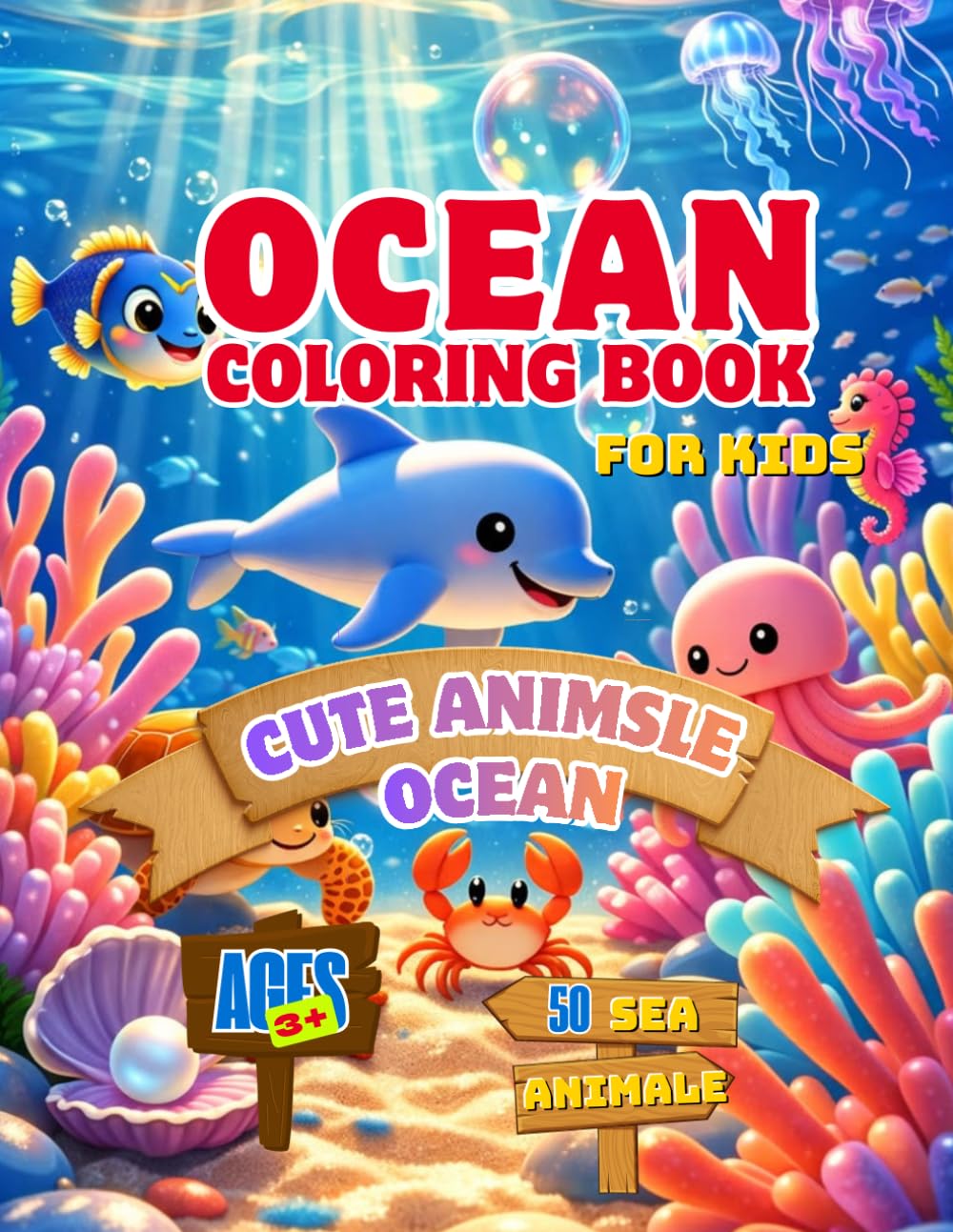 Cute Ocean Animals Coloring Book for Kids: 50 Adorable Kawaii Sea Animal Characters and Fun Underwater Scenes for Boys and Girls Ages 3–12