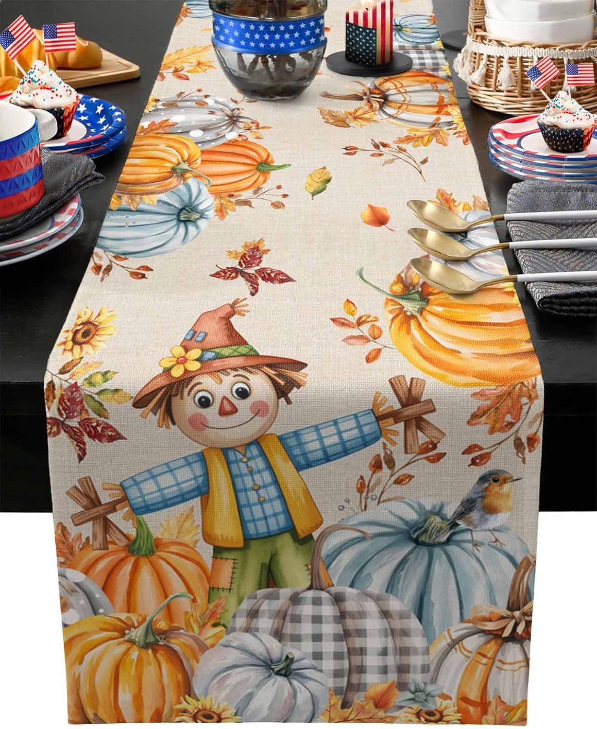 Fall Table Runner Scarecrow Pumpkin Table Runners Harvest Thanksgiving Bird Maple Leaf Cotton Linen Dresser Scarf Kitchen Dining Table Decor for Autumn Holiday Party Coffee 13x108 Inch