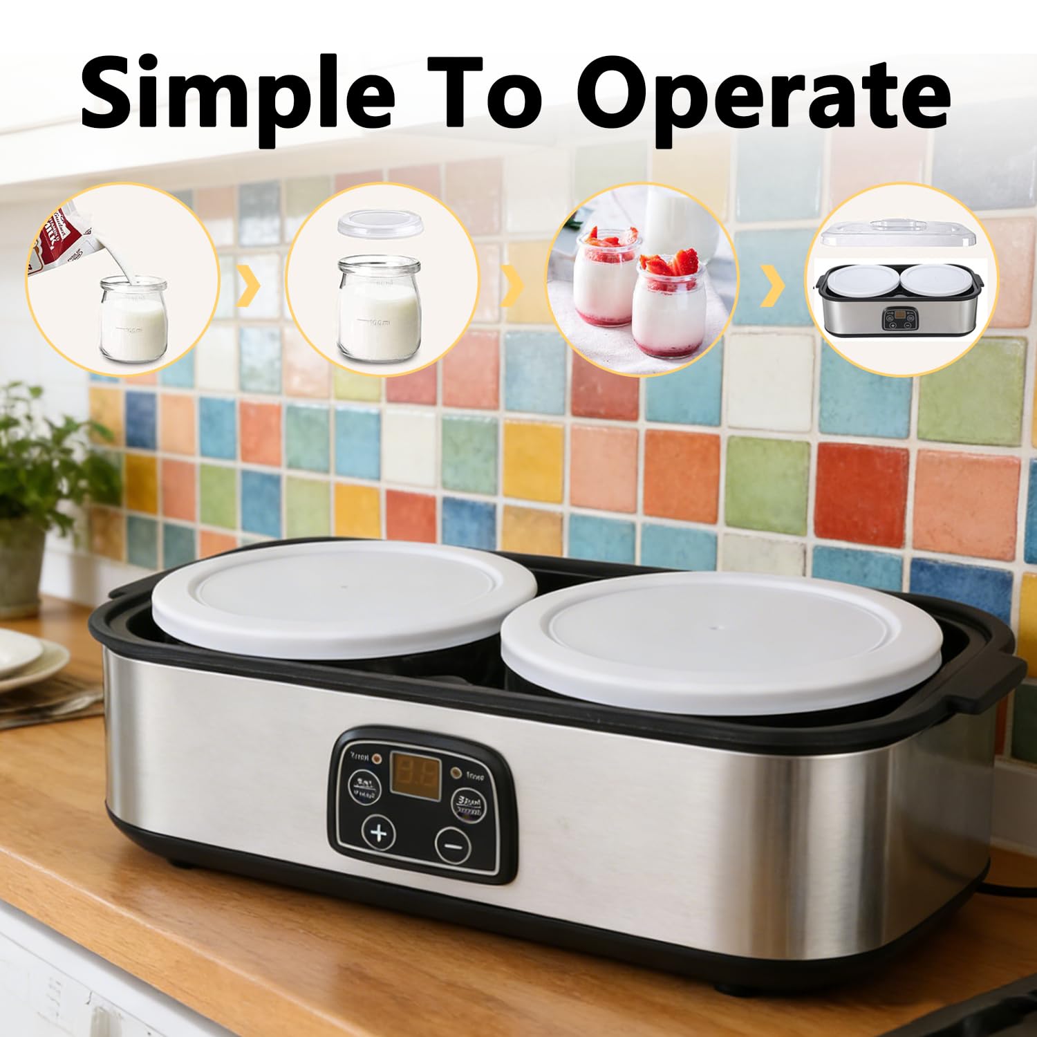 Automatischer Joghurtmaschine, 2L Einstellbare Temperatur & Timer Elektrischer Joghurtbereiter mit LED-Anzeige und 2 Glasbehältern, Ideal für Zubereitung Bio-Joghurt, Milchprodukten, Käse, Natto