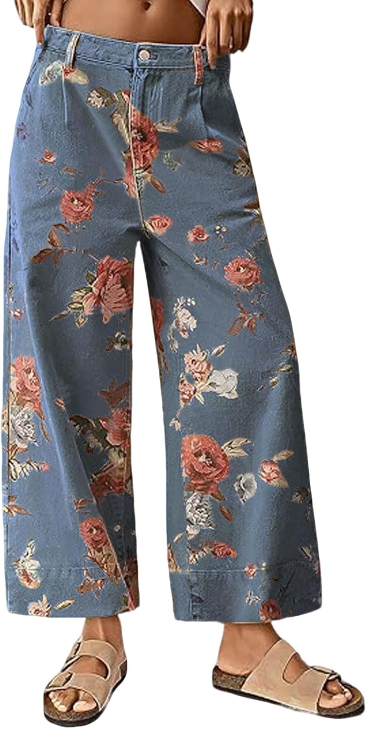 loveimgs Women Mid Rise Cropped Wide Leg Jeans Baggy Floral Ankle Pants Denim Capris Flare Print Boho Palazzo Jeans Boyfriend