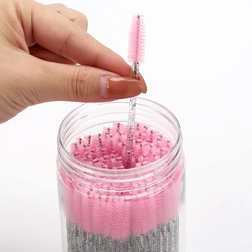 Vista 53 de 100 varitas de rímel desechables, cepillo de carretes de cejas de cristal para extensiones de pestañas, cepillos de pestañas rosas con contenedor
