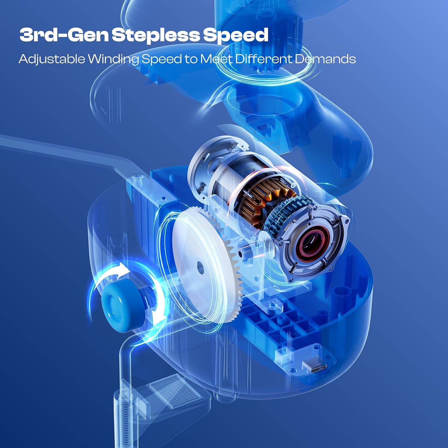 Diagram illustrating the internal mechanism and stepless speed control of the yarn winder.