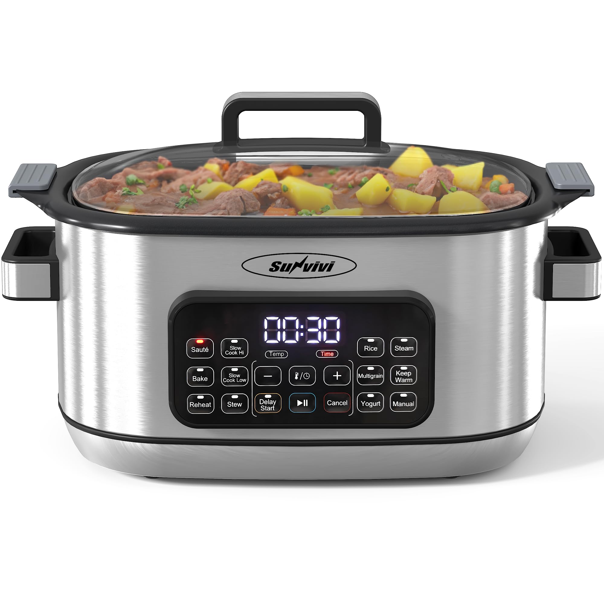 SUNVIVIPRO 12-in-1 Multicooker, 6.5QT Slow Cooker Roaster Oven, Digital Programmable Multi Functional Pot with Timer, Temp Control, Delay Start, Glass Lid, Removable Nonstick Pot & Roast/Steam Rack
