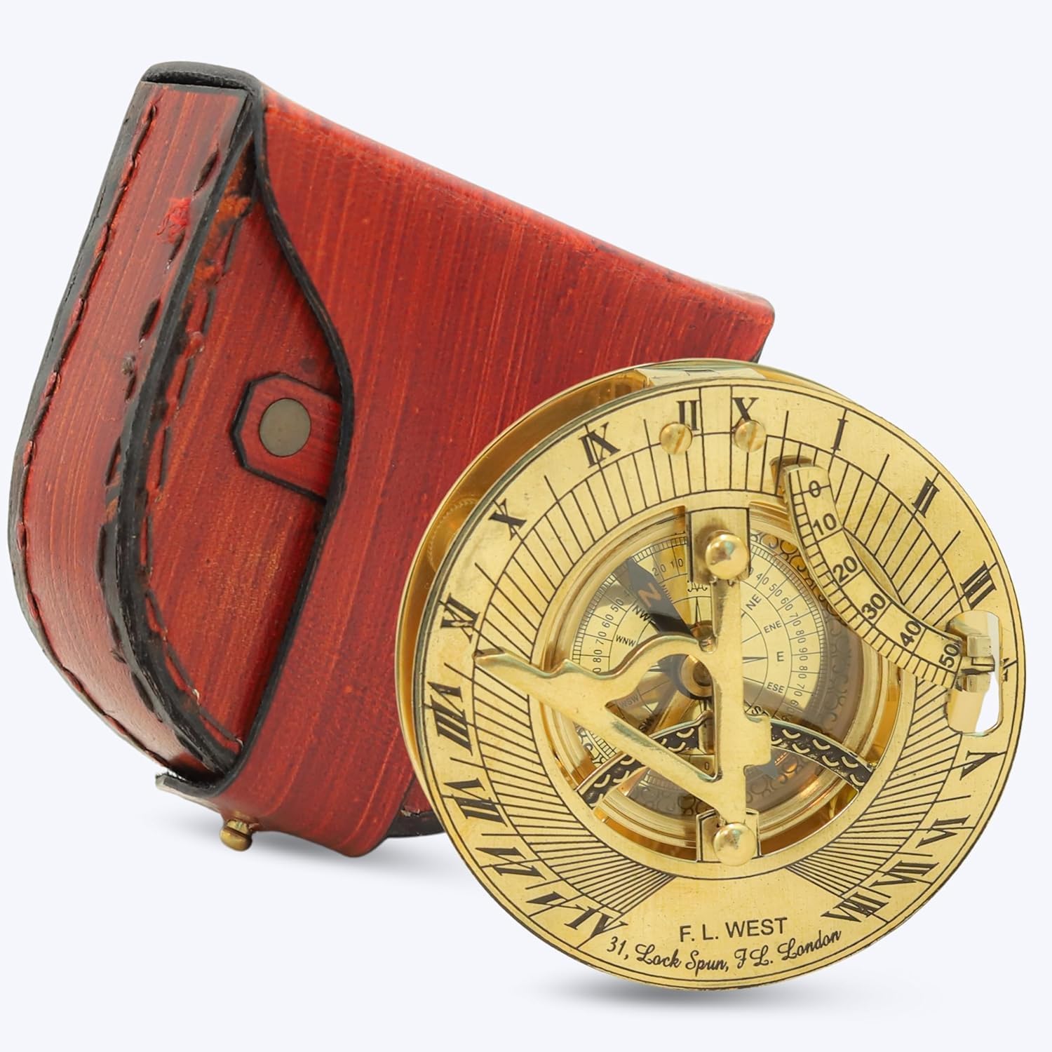 3-Inch Brass Sundial Compass with Leather Case – Vintage Maritime Navigation Instrument, Working Pocket Compass for Hiking, Camping & Collectible Gifts