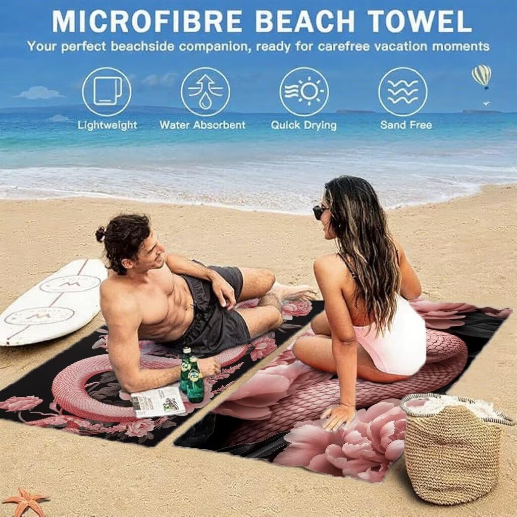 Ręcznik plażowy z mikrofibry, motyw węża, ręcznik plażowy, różowy, 220 x 100 cm, 2 sztuki, unikalna konstrukcja zatrzaskowa, bez piasku, szybkoschnący, lekki, podróżny ręcznik z torbą na basen, do