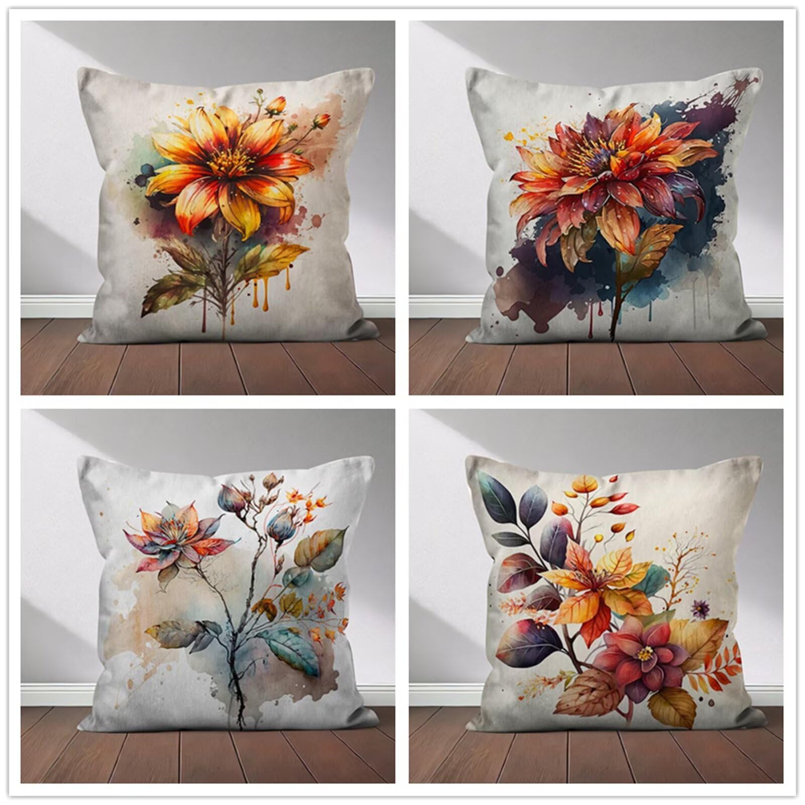 Heaen Outdoor Cushions Covers Waterproof 35x35 cm Set of 4 Square Linen Pillow Cases Watercolour Daisy Decorative Dushions for Sofa Porch Patio Home Decor