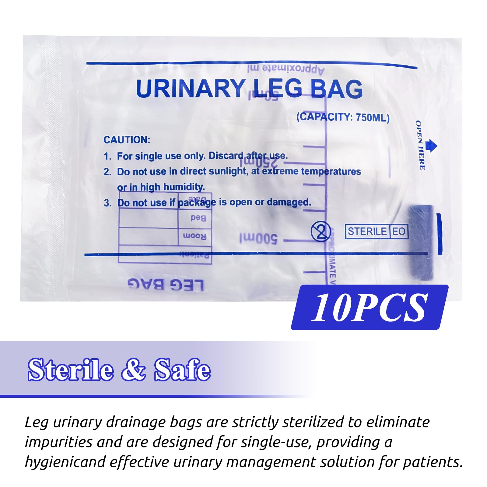 10pcs Bolsas de Orina para Pierna 750ml, Bolsas de Drenaje Orina con Película Antirreflujo, Bolsa de Recogida de Orina, Bolsa de Drenaje con Válvula, Drenaje y Correas de Tela