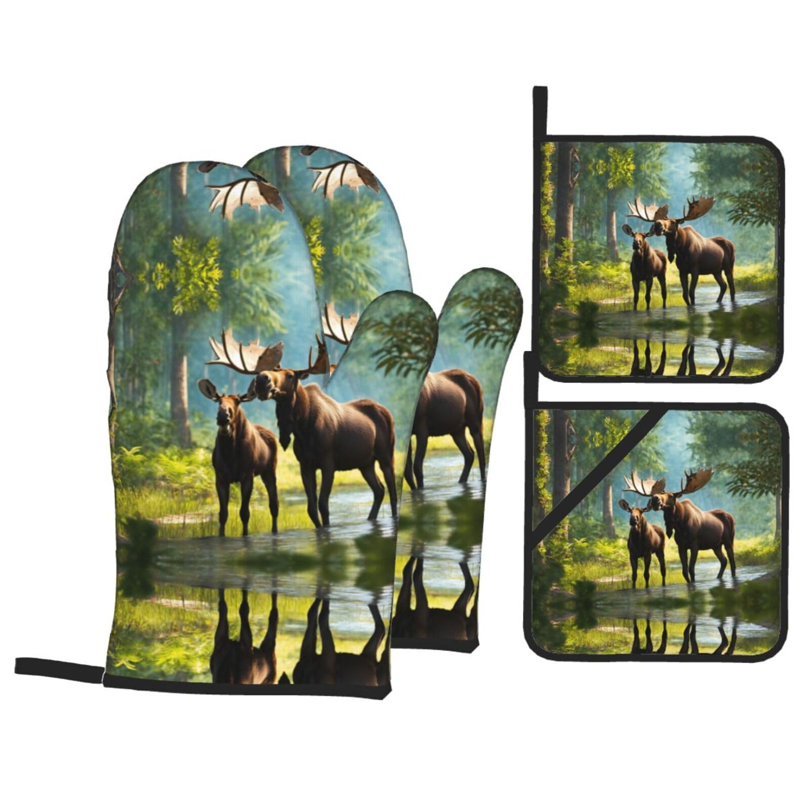 Deer Bear Moose Print Oven Microwaving Waterproof Kitchen Gloves for Baking Grilling Holiday Cooking