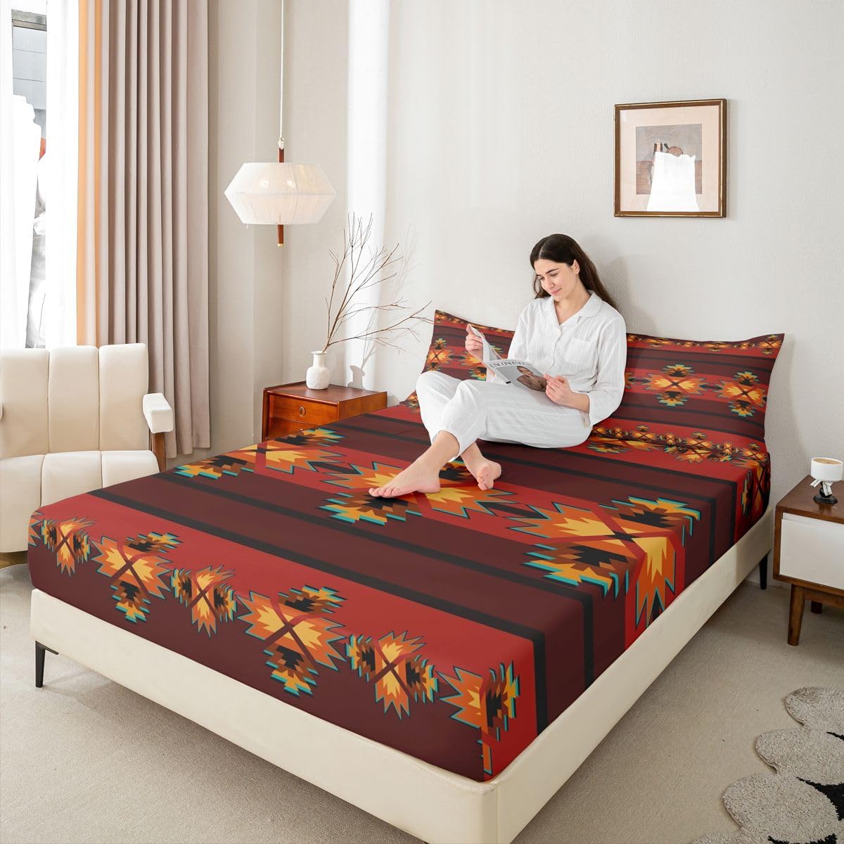 jejeloiu Southwestern Fitted Sheet Queen Size Geometric Bed Sheet Set for Boys Teens Decor Tribal Bedding Set Native American Design Red Yellow Bed Cover Deep Pocket 3Pcs