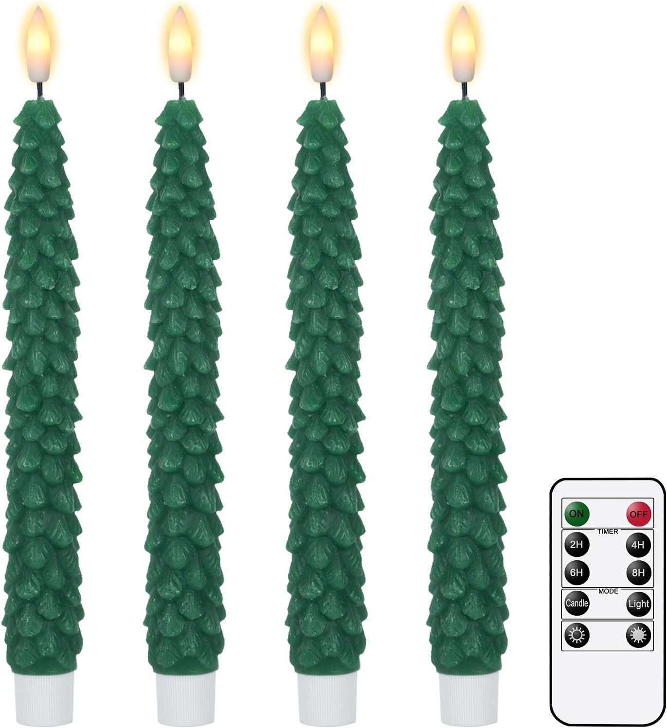DRomance Christmas Tree Flameless Taper Candles Battery Operated with 10-Key Remote and Cycle Timer 4 Pack Real Wax 3D Wick Flickering LED Candlesticks Holiday Decor(Green, 0.79 x 9.9 Inch)
