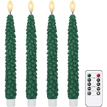 Green Christmas Tree Flameless LED Taper Candles with Remote Timer | Battery Operated Candlesticks, Realistic 3D Wick Flickering, Real Wax Long Lasting, Holiday Indoor Decor, 0.79"x9.9", 4Pack