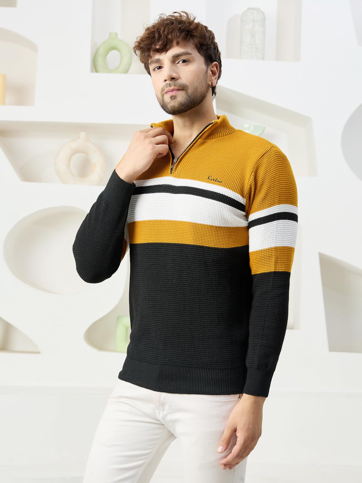 Kvetoo Men High Neck Zip Full Sleeve Woolen Winter Sweater Mustard Black Size XL - Image 5 thumbnail
