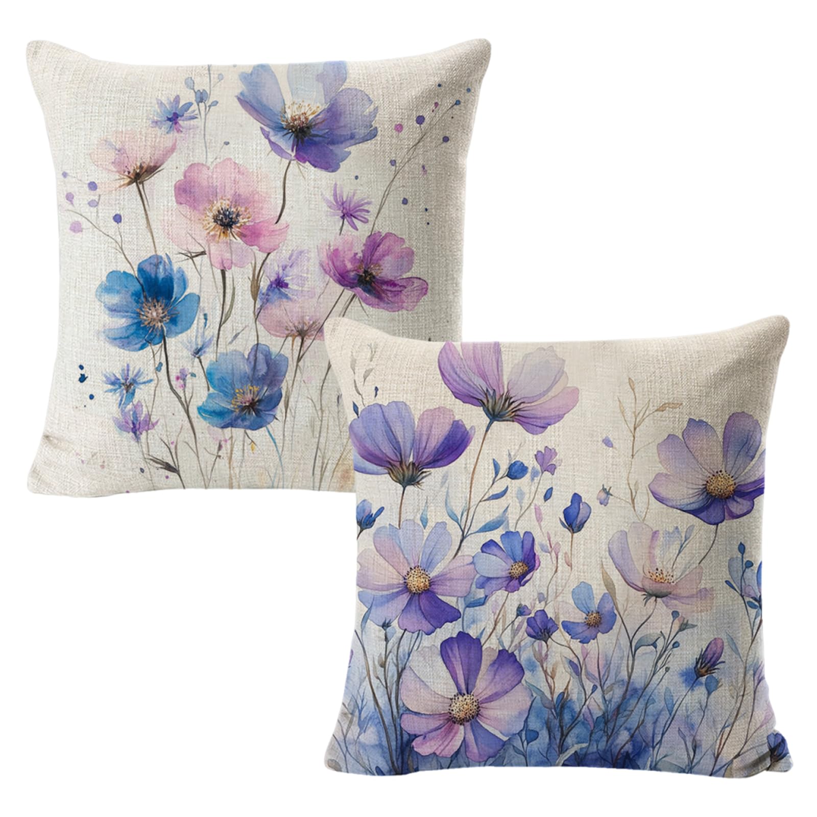 2 Pack 45x45cm Floral Spring Cushion Covers, Soft Short Pillow Covers for Sofa Living Room, Outdoor Cushions & Decorative Throw Pillow Covers (No Insert) in Blue Purple Colors