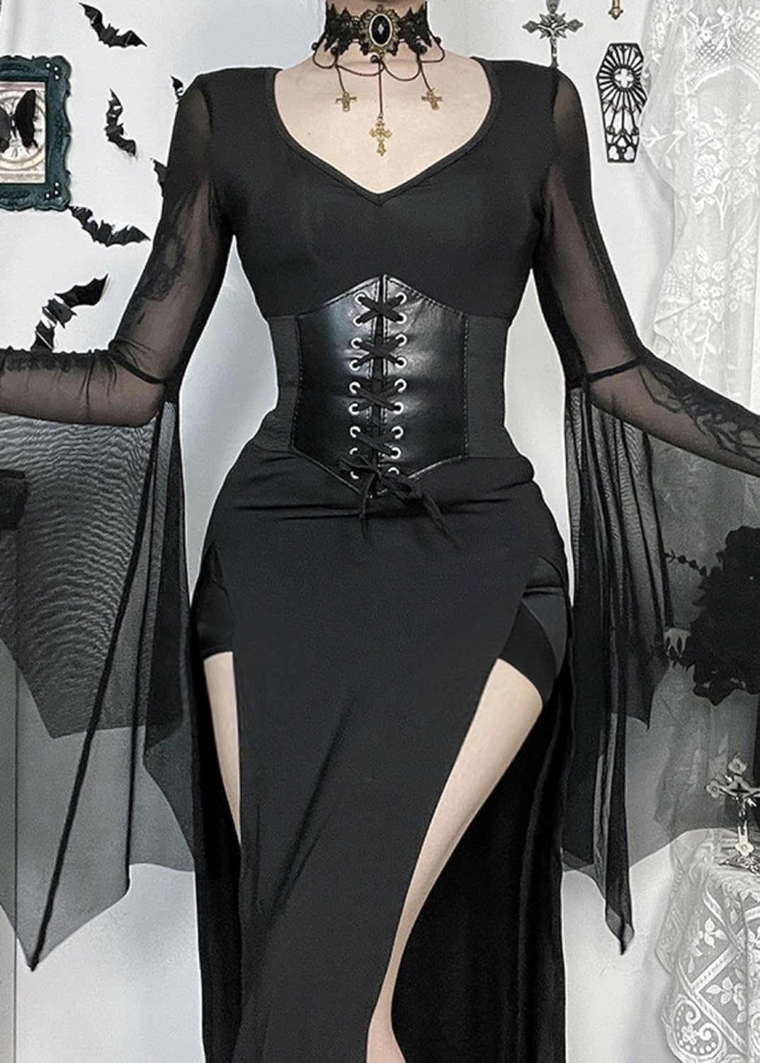 TSMNZMU Gothic Maxi Dress Two Piece Sets Corset Dresses Lace Long Sleeve Punk Grunge Dress Sexy Hight Split Long Dresses - Image 8