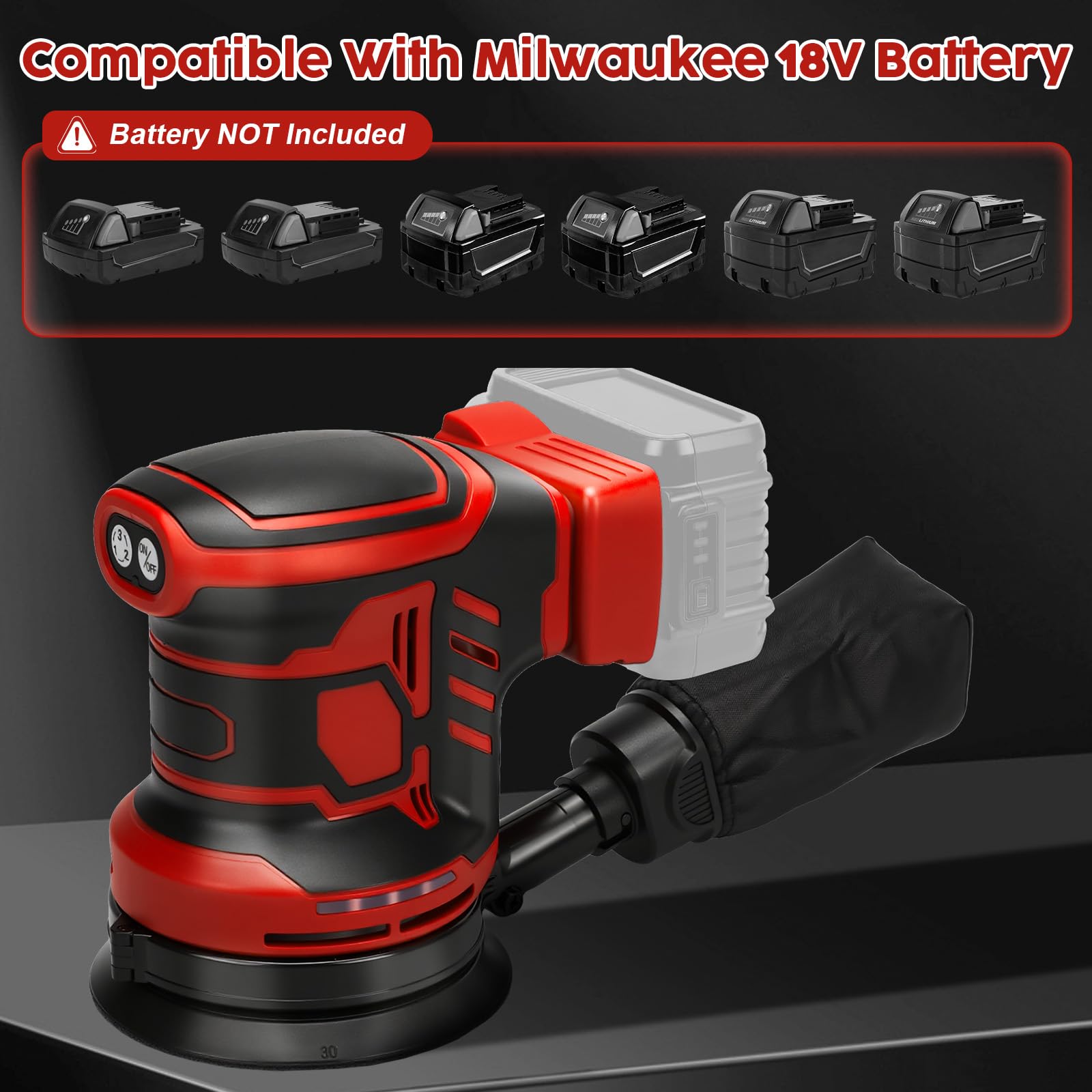 Lijadora orbital para Milwaukee M18 18 V batería, 125 mm, 3 velocidades, orbital Sander 7000-11000 rpm, entregado con 15 discos abrasivos, ideal para el trabajo de madera profesional