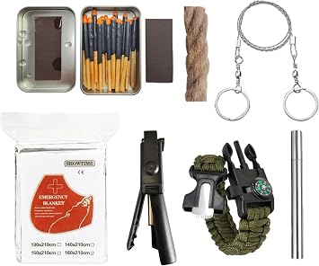 eGreen Outdoor Survival Kit 20 Waterproof Matches & Wax Rope Options | Matches burn up to 25 sec; includes paracord bracelet, wire saw, phone tripod, blanket and a choice of wax rope for camping.