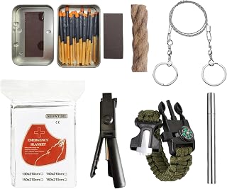 Outdoor Survival Kit with 20 Waterproof Matches, 5-in-1 Paracord Bracelet, Wax Rope, Saw Wire, Phone Tripod Selfie Stick & Emergency Blanket for Camping & Hiking