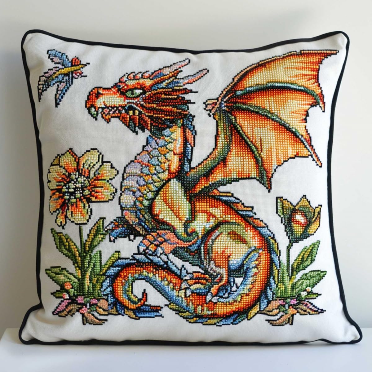 Rkflgew Latch Hook Kits Dragon And Flowers Latch Hook Cushion Kits Fantasy Animals Diy Latch Hook Kits Pillow Printed Cushion Crochet Yarn Embroidery Needlework Craft Embroidery Kit 43X43cm
