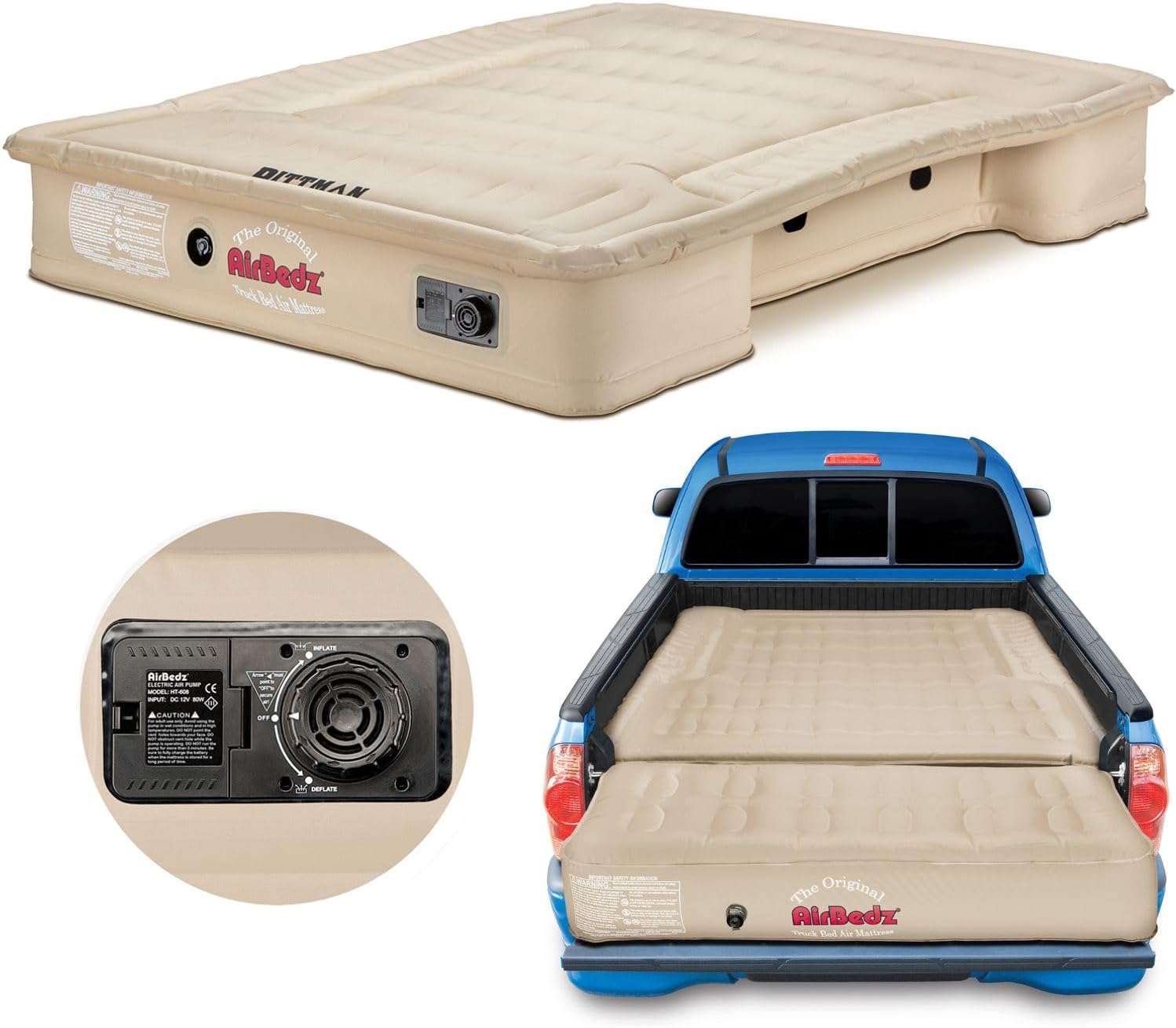 Pittman Outdoors AirBedz Mattress – Truck Bed Air Mattress with 25% More Coverage, Built-in Rechargeable Battery Pump, Carry Bag & Repair Kit – Full Size - Short Bed - 5.5' - 5.8' - Tan, PPI-504