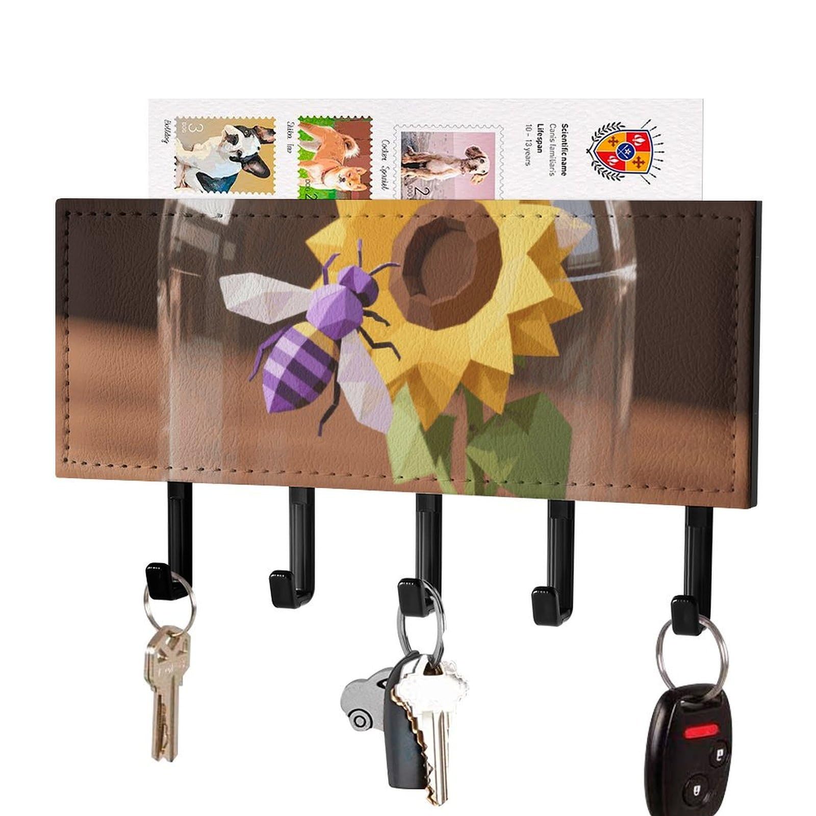 DWVTSLH Geometric Bee Sunflower Key Holder for Wall, Decorative Key Hooks with Mail Organizer & 5 Hooks, Self Adhesive Leather Key Hanger for Entryway, Wall Mounted Key Rack (7.1” X 4.3” X 0.9”)