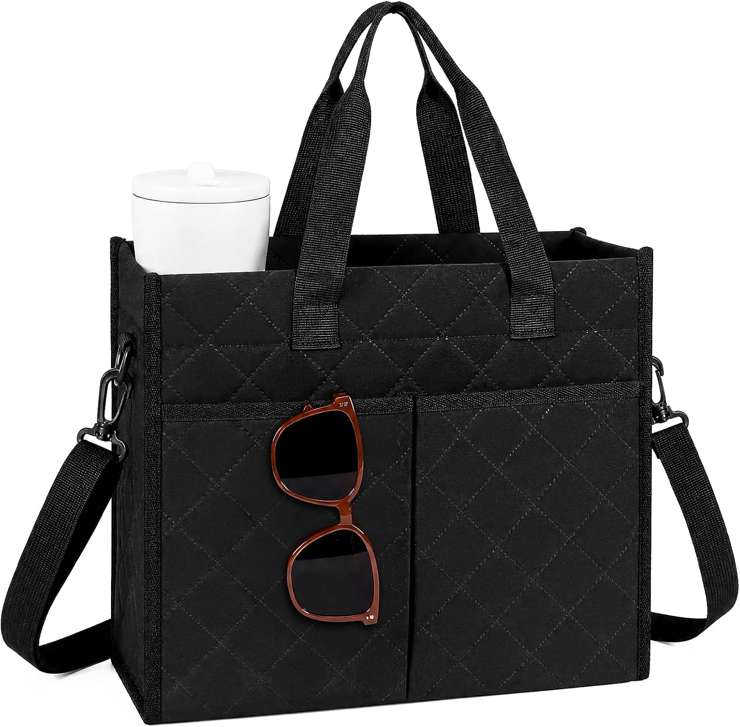 HowFly Tote Bag for Women, Teacher Bag Work 15.6 inch Laptop Handbag Purse | 14L, Lightweight 0.53lb, Adjustable Strap 25-50in, 3 Outer Pockets, Minimalist Black Design, for Work Travel
