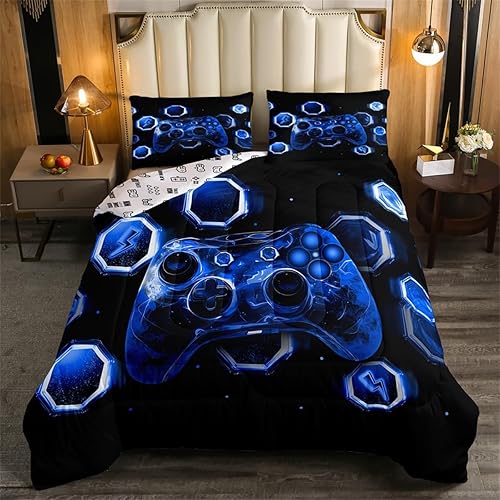 Miniatura 27 de Feelyou - Juego de edredón para niños gamers tamaño individual, juego de ropa de cama de estilo Galaxy Gaming con purpurina, juego de edredón para