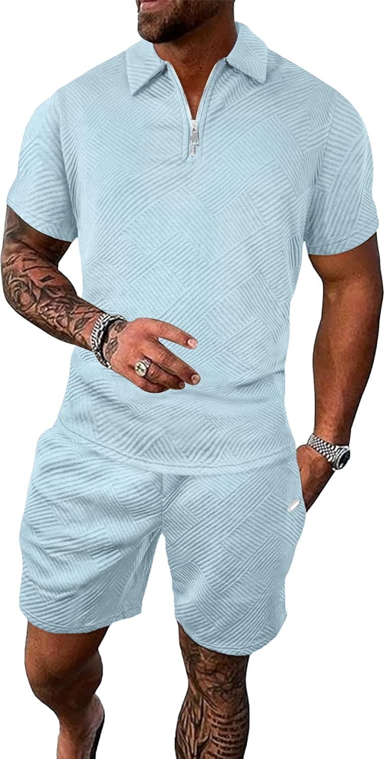 PLEPAN Mens Polo Shirt and Shorts Set Fashion Casual Track Suits 2 Piece Sets Short Sleeve Sweatsuit Outfits Golf Polo Shirts