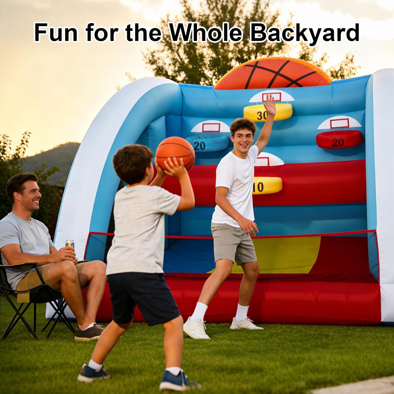 Inflatable Party Zone Inflatable Basketball Hoop Game with 5 Hoops, 4 Balls & Commercial Blower Easy Setup Indoor/Outdoor Backyard Carnival Toy for Kids and Adults